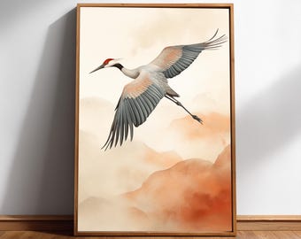 Impresión de grulla en vuelo: estilo japonés moderno (colores neutros, descarga digital)
