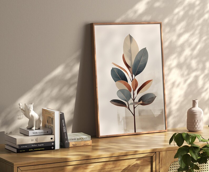 Gummibaum Wand Kunst - Japandi Ink Neutrale, Warme Töne - Archival Ink Print, Glanz Papier, Schlafzimmer und Büro Dekor Bild 3