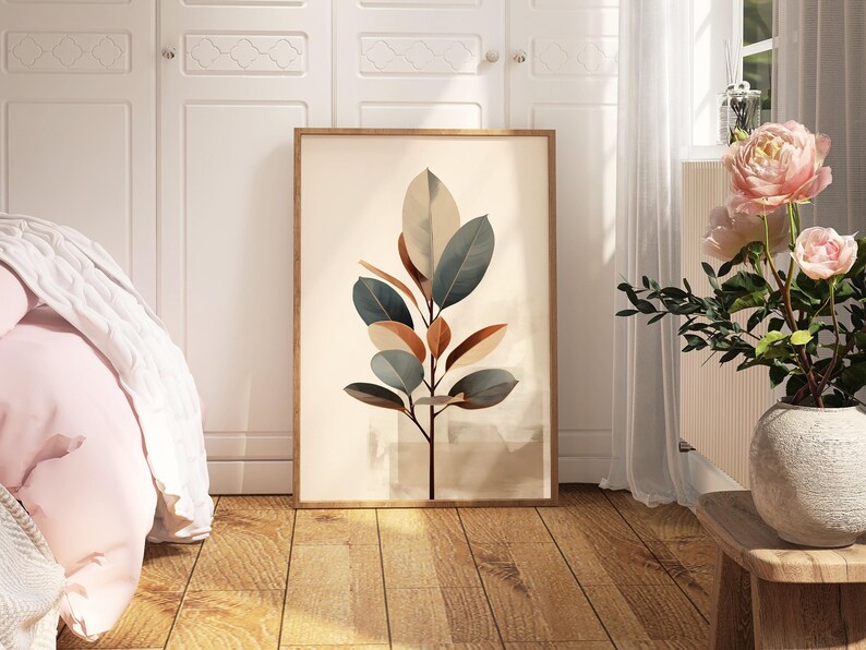 Gummibaum Wand Kunst - Japandi Ink Neutrale, Warme Töne - Archival Ink Print, Glanz Papier, Schlafzimmer und Büro Dekor Bild 4
