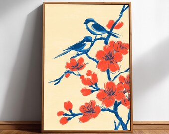 Birds on Cherry Blossom Wall Art, Blue Red Japanese Print, Digital Download