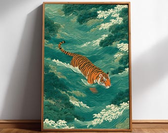 Arte mural imprimible de río tigre, ilustración de un exuberante bosque, estampado animal de estilo japonés, descarga digital instantánea