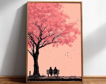 Póster Pink Blossom: Escena de pareja al atardecer entre cerezos en flor, cielo color melocotón / Tinta pigmentada de archivo, papel brillante / Varios tamaños disponibles
