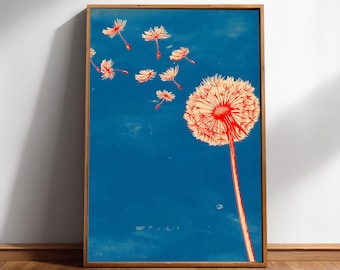 Dandelion Seeds Wall Art, Blue Red Botanical Print, Japanese Style Digital Download