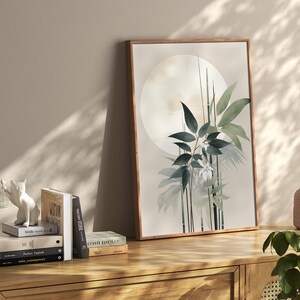 Estampado de tallos de bambú: Obra de arte Sumi-e en verde salvia, tinta de archivo, papel fotográfico brillante / Decoración botánica de pared para una vida tranquila, varios tamaños. imagen 3