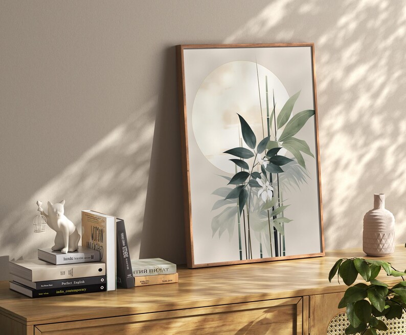 Estampado de tallos de bambú: Obra de arte Sumi-e en verde salvia, tinta de archivo, papel fotográfico brillante / Decoración botánica de pared para una vida tranquila, varios tamaños. imagen 3