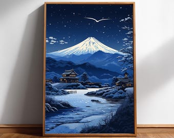 Mount Fuji Wall Art, Navy Blue Mountain Scene (Japanese Night Print)