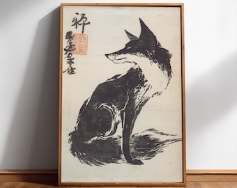 Japanese Fox Ink Block Print, Vintage Kitsune Woodcut Wall Art, Digital Download