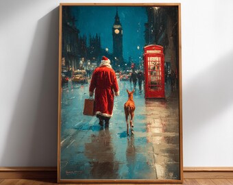Londense kerstkunst aan de muur: kerstman en rode telefooncel | Feestelijk stadsdecor