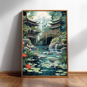 A framed illustration depicting a serene Japanese garden scene with traditional buildings, a bridge, and a pond with lily pads.