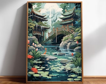 Japanese Koi Pond Art Print: Zen Garden, Japandi Style Digital Download