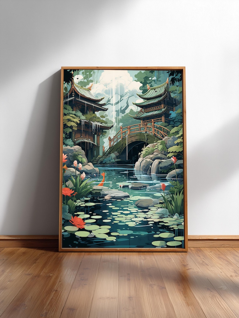 A framed illustration depicting a serene Japanese garden scene with traditional buildings, a bridge, and a pond with lily pads.