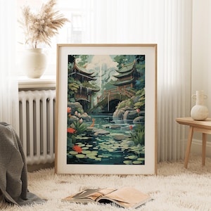 a framed painting of a serene garden scene with a pond, flowers, and a bridge, placed on a carpeted floor in a living room setting.