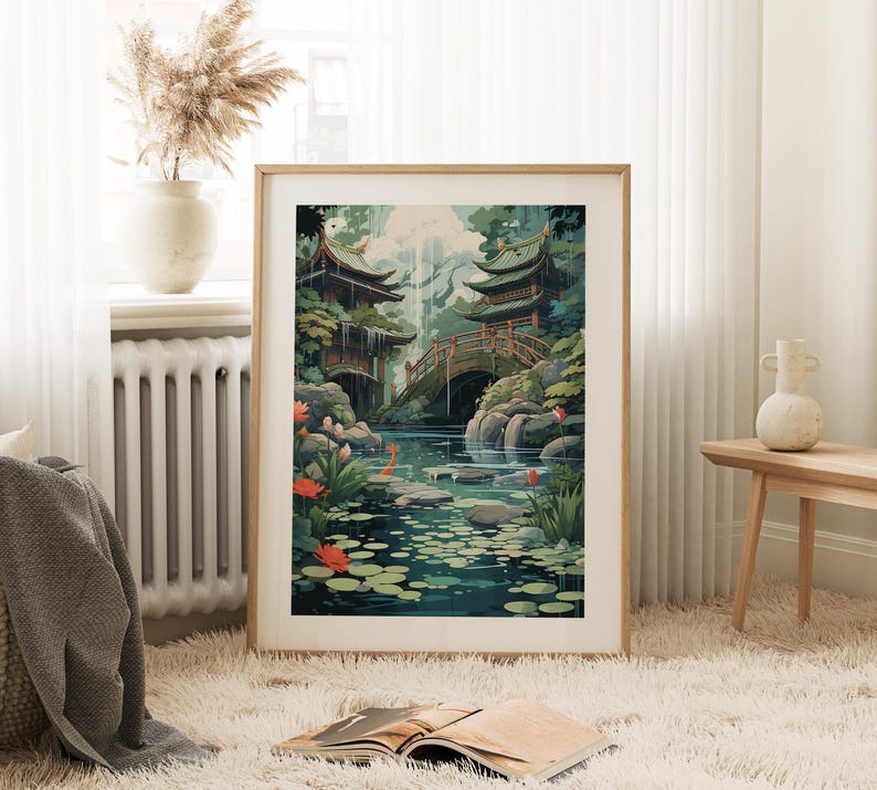 a framed painting of a serene garden scene with a pond, flowers, and a bridge, placed on a carpeted floor in a living room setting.