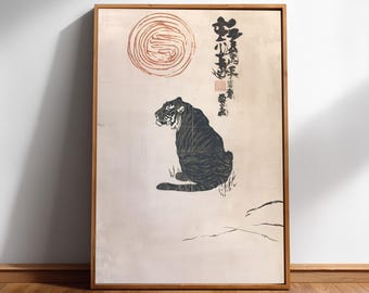 Japanese Tiger Print, Vintage Ink Block Wall Art with Red Seal, Digital Download