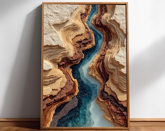 Geode Canyon Macro Print, Agate Layer Abstract, Teal Brown Modern Wall Art