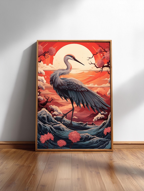 Crane Art Print Japanese Ukiyo-e: Red Sakura Trees & Mountain Scene, Fine Art Paper, Serene Wall Decor | Multiple Sizes