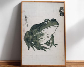 Japanese Frog Ink Block Print, Vintage Woodcut Toad Wall Art, Digital Download