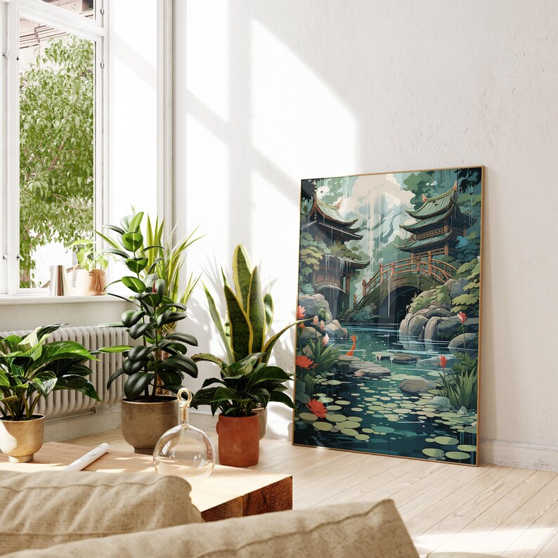 a living room with a large painting of a serene landscape with a pond, trees, and a bridge, as well as several potted plants and a vase on a table.