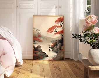 Ukiyo-e Sakura Stream Print: Japanese Ink Art (Digital Download)