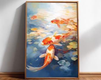 May include: A rectangular framed wall art print featuring an impressionistic painting of several orange and white koi fish swimming in deep blue water with scattered light-colored lily pads and soft, dappled light reflections on the surface.