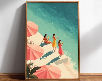 Lámina decorativa de pared Seaside Spritz Pink Coastal, con mar turquesa y sombrillas rosas (tamaños A5-A2, impresión giclée de calidad de archivo, acabado brillante).