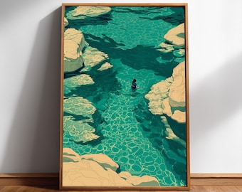 Lámina artística de paisaje de pozas rocosas en un cañón: Aguas de un vibrante color turquesa - Tinta de archivo, papel brillante, póster de viaje moderno