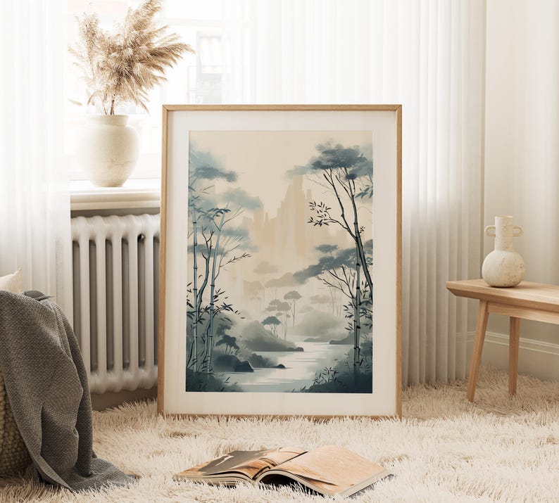 Muurkunst bamboe: kalme zentuin Japanse inkt - Japandi Interior, fine art giclée op premium fotopapier afbeelding 2