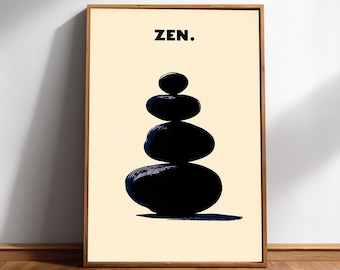 Zen stones poster – minimal stacked pebbles with typography | spa & Japandi décor