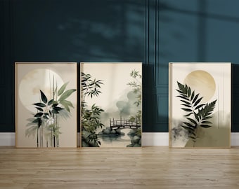 Set of 3 Wall Art Prints: Bamboo, Fern & Bridge - Sage Green Digital Download