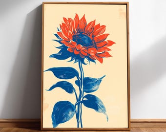 Sunflower Wall Art, Blue Red Japanese Print, Bold Botanical Digital Download