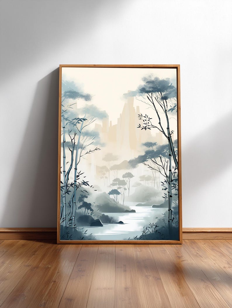 Muurkunst bamboe: kalme zentuin Japanse inkt - Japandi Interior, fine art giclée op premium fotopapier afbeelding 1