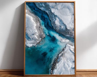Aerial Glacier Wall Art, Turquoise Ice Landscape Print, Abstract Digital Download