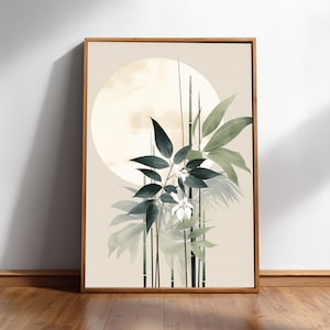 Bamboo Stalks Print: Sage Green Sumi-e Artwork, Archival Ink, Lustre Photo Paper | Tranquil Botanical Wall Decor, Multiple Sizes