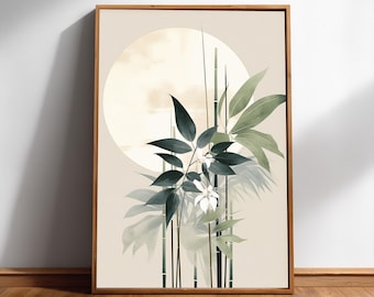 Print bamboestengels: saliegroen Sumi-e-kunstwerk, archiefinkt, fotopapier glans | Rustige botanische wanddecoratie, meerdere maten