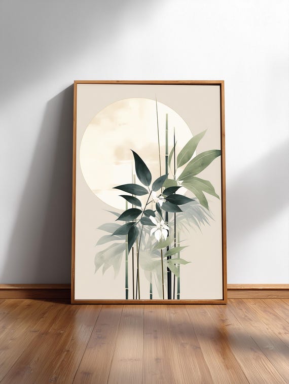 Bamboo Stalks Print: Sage Green Sumi-e Artwork, Archival Ink, Lustre Photo Paper | Tranquil Botanical Wall Decor, Multiple Sizes