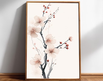 桜のジャパニーズプリント - ライトピンクの桜の枝のミニマルなウォールアート