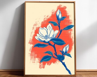 Magnolia Blossom Wall Art, Red Blue Japanese Floral Print, Digital Download