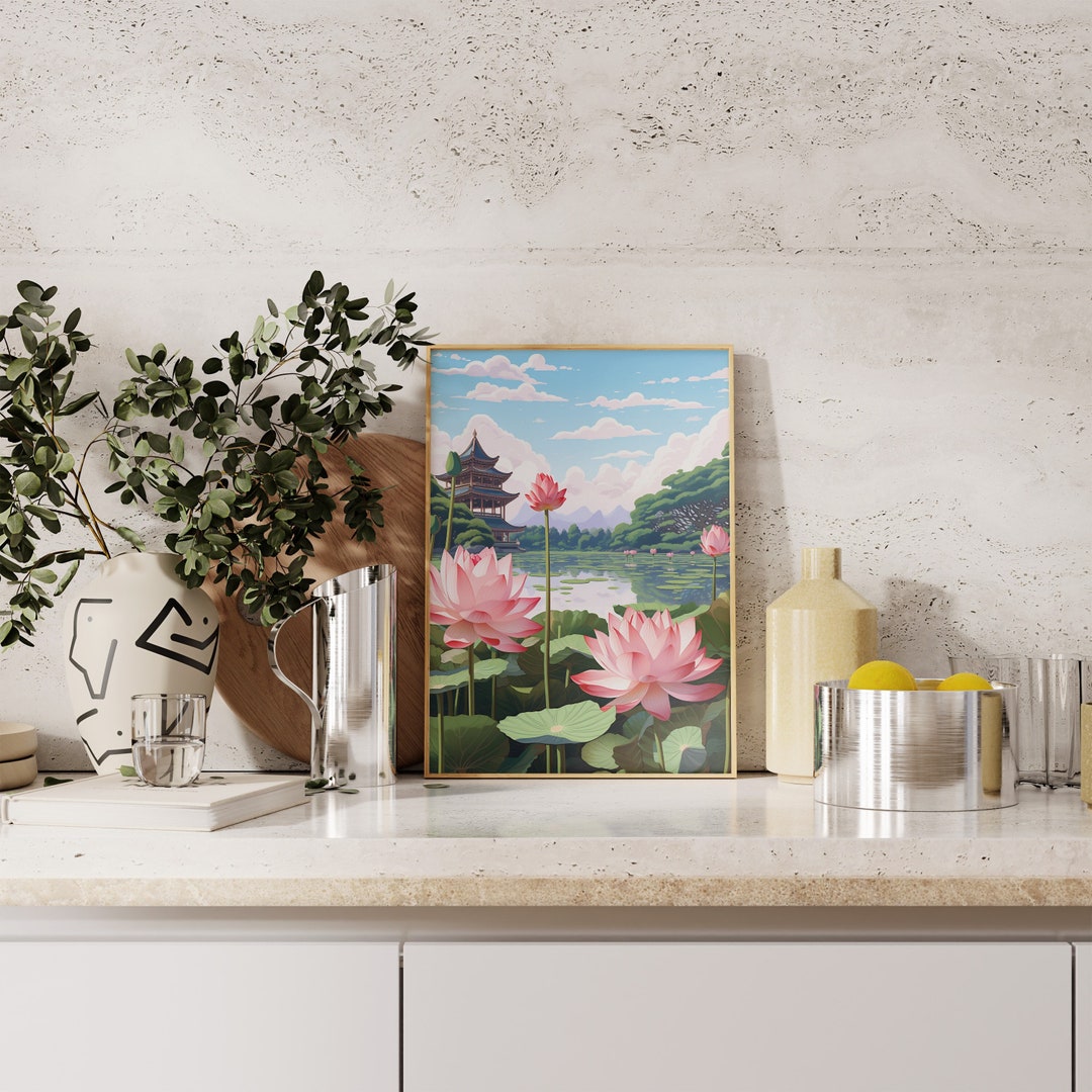Lotus Flower Wall Print | Japanese Lotus Art | Ukiyo-e Art Print ...
