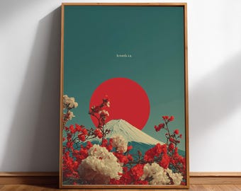 Mount Fuji Japanese poster print – red sun landscape | minimal décor