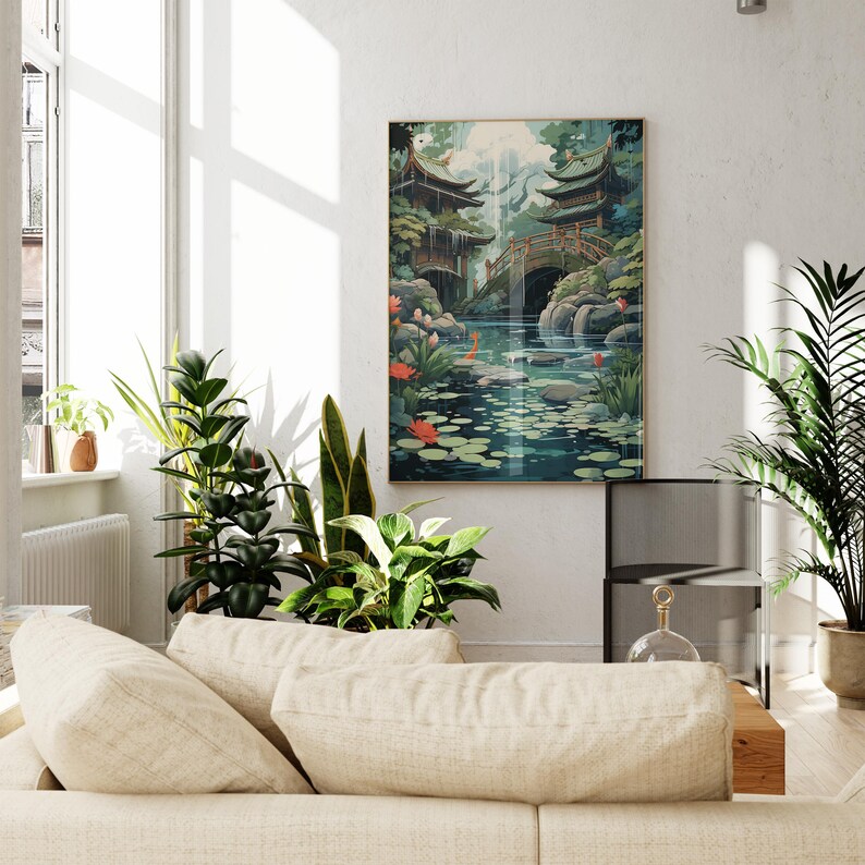 a serene indoor setting with a large painting of a tranquil garden scene hanging on the wall. The painting features a pond with a bridge and lush greenery, creating a peaceful and natural atmosphere. The room is furnished with a beige sofa and various potted plants, adding a touch of greenery and warmth to the space. The overall scene conveys a sense of relaxation and harmony with nature.