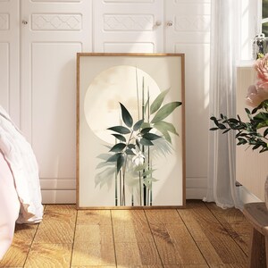 Estampado de tallos de bambú: Obra de arte Sumi-e en verde salvia, tinta de archivo, papel fotográfico brillante / Decoración botánica de pared para una vida tranquila, varios tamaños. imagen 4