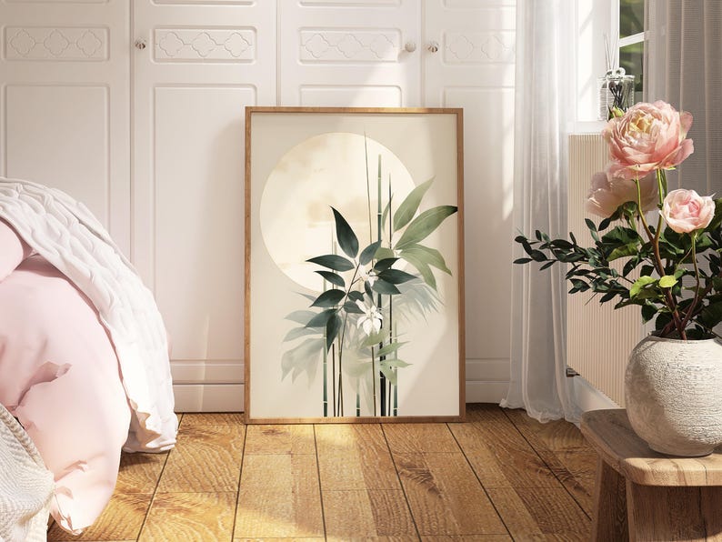 Estampado de tallos de bambú: Obra de arte Sumi-e en verde salvia, tinta de archivo, papel fotográfico brillante / Decoración botánica de pared para una vida tranquila, varios tamaños. imagen 4