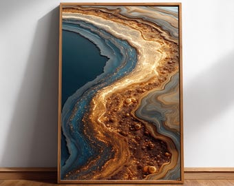 Fluid Art Wall Art, Gold Blue Resin Print, Abstract Macro Digital Download