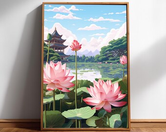 Ukiyo-e Lotus Flower Print - Japanese Botanical Digital Download
