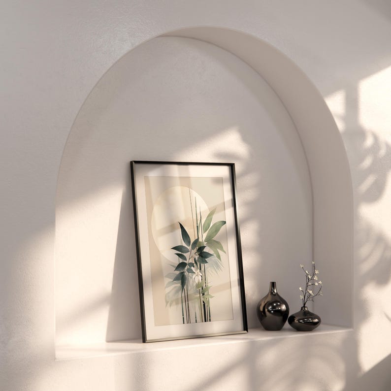 Estampado de tallos de bambú: Obra de arte Sumi-e en verde salvia, tinta de archivo, papel fotográfico brillante / Decoración botánica de pared para una vida tranquila, varios tamaños. imagen 5