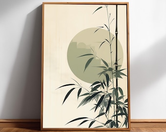 Arte mural de bambú verde salvia - Descarga digital minimalista japonesa