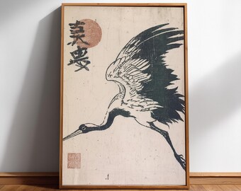 Japanese Crane Print, Vintage Woodblock Wall Art with Red Sun, Digital Download
