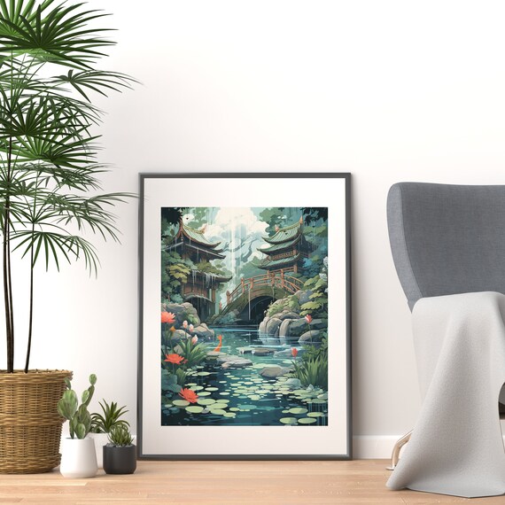 Japanese Koi Pond Art Print: Zen Garden, Japandi Style Digital Download