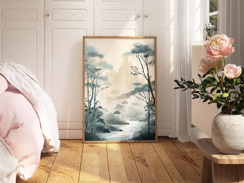 Muurkunst bamboe: kalme zentuin Japanse inkt - Japandi Interior, fine art giclée op premium fotopapier afbeelding 4