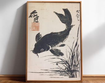 Japanese Koi Fish Ink Block Print, Vintage Woodcut Wall Art, Digital Download